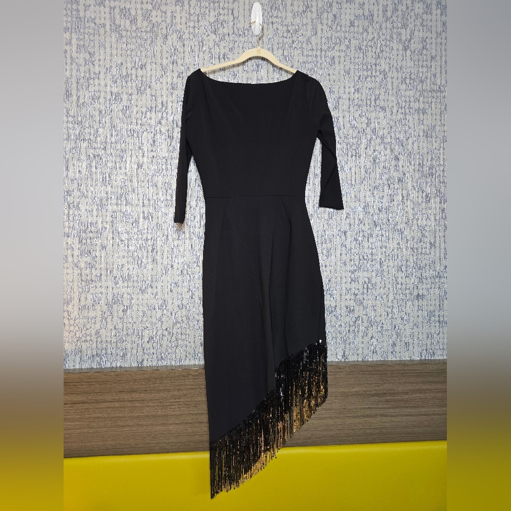 Chiara Boni La Petite Robe Benjamin Sequin Fringe Midi Dress In Black Women's 10 - Picture 8 of 15